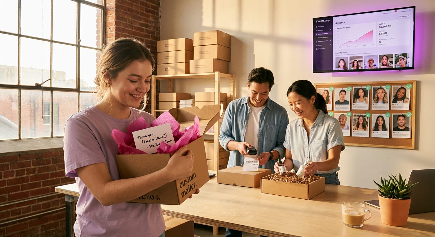 Team preparing verified TikTok Shop creator seeding packages in an organized fulfillment center with sales dashboard
