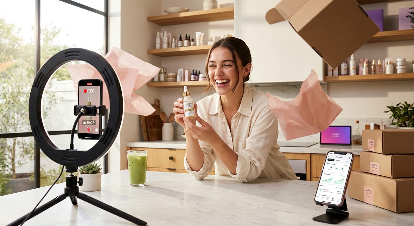 TikTok Shop creator excitedly unboxing a seeded product while filming content with affiliate earnings visible