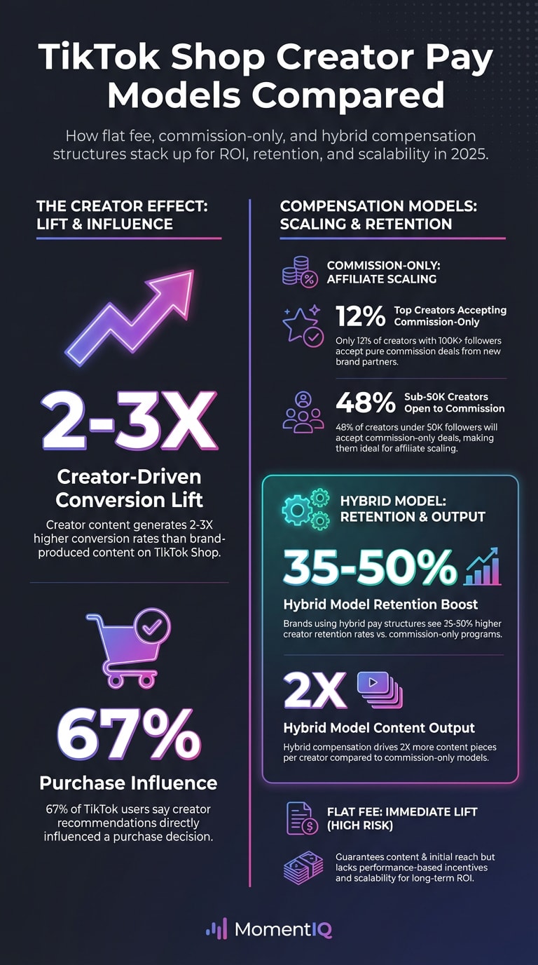 Infographic comparing TikTok Shop influencer pay models in 2025 including flat fee, commission-only, and hybrid structures with key statistics on creator conversion rates, retention, and content output.