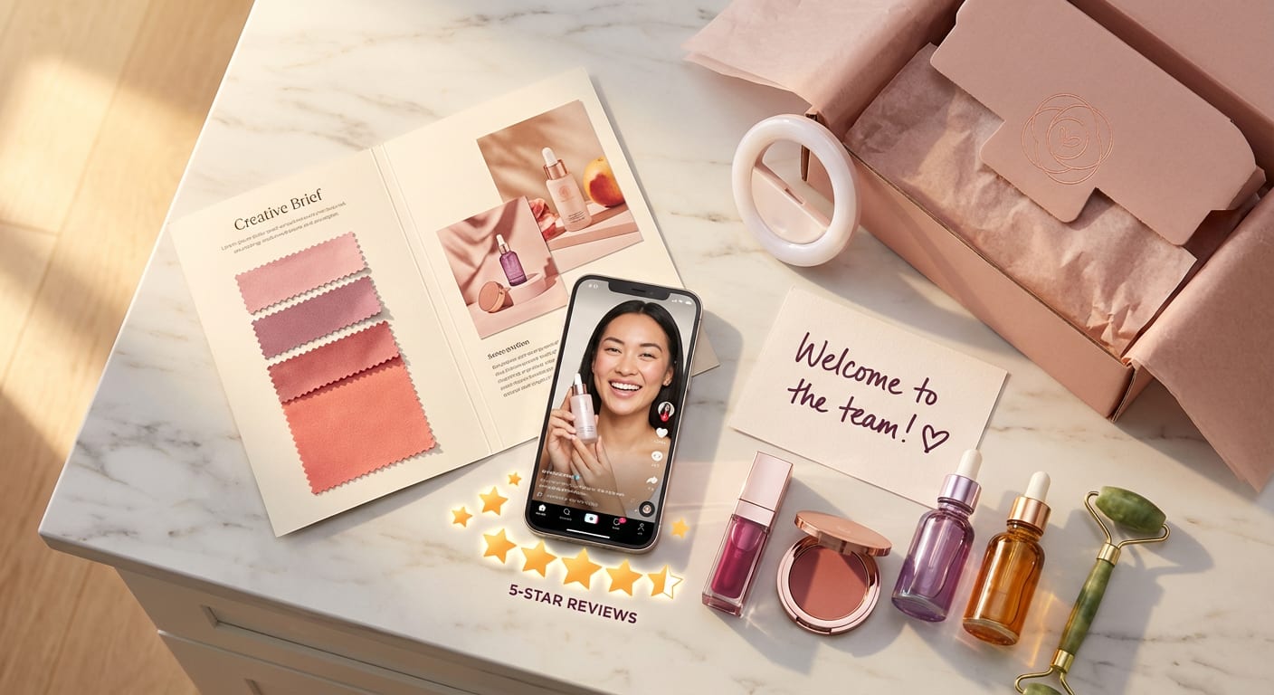 Flat lay of TikTok Shop brand partnership materials including phone with product reviews and branded packaging