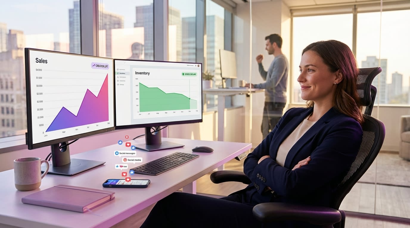 Brand analyst smiling at TikTok Shop sales spike data with safety stock activation preventing stockout on dual monitors