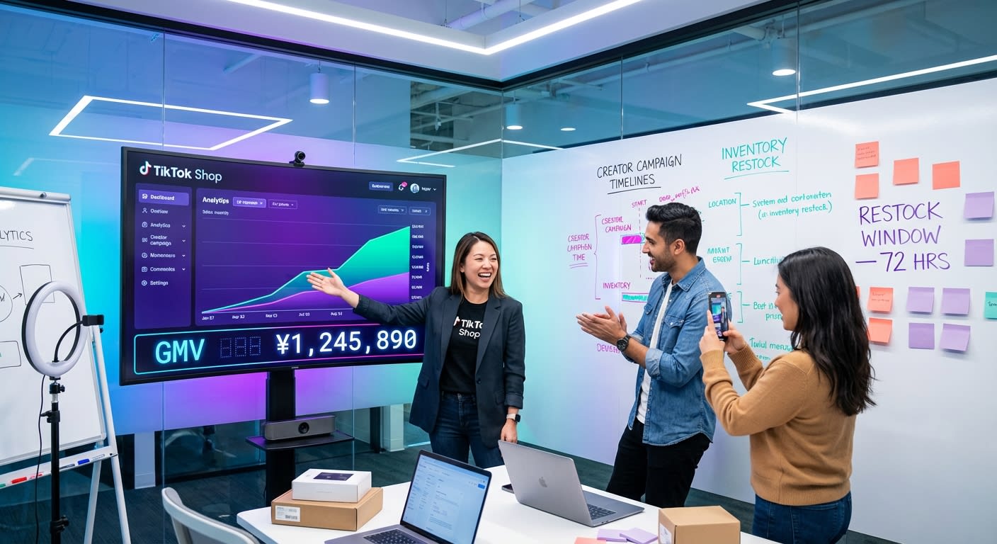 Brand team celebrating TikTok Shop sales growth on an analytics dashboard in a strategy war room