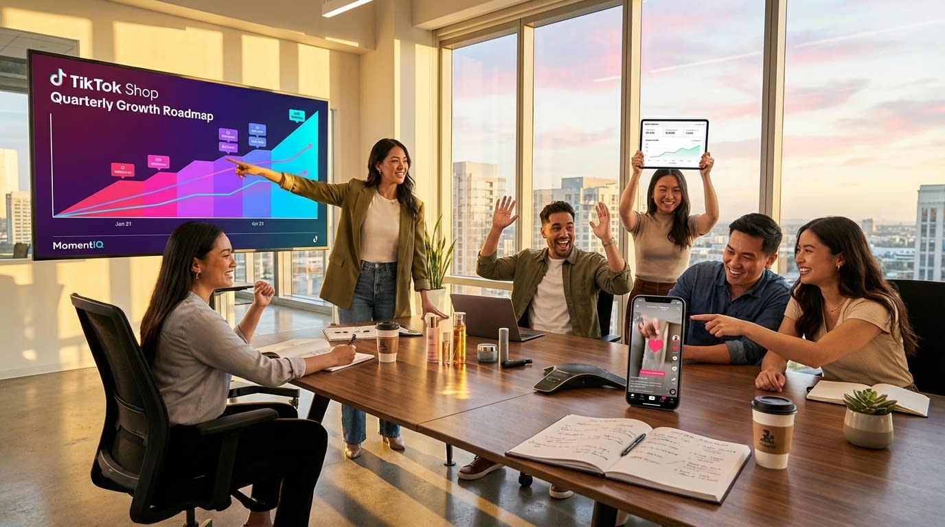 Diverse brand team at golden hour planning TikTok Shop quarterly growth strategy with products and roadmap on display