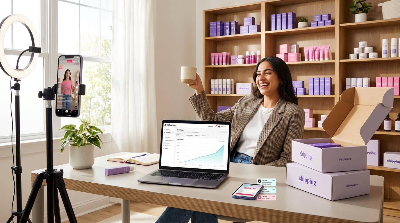 Confident TikTok Shop seller reviewing baseline sales velocity on her dashboard in a bright home office