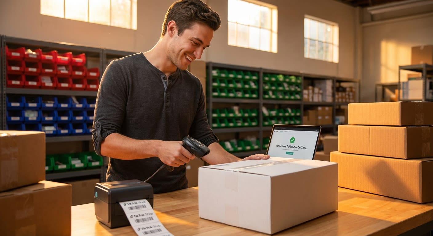 Entrepreneur happily fulfilling TikTok Shop orders on time at organized warehouse with green fulfillment indicators