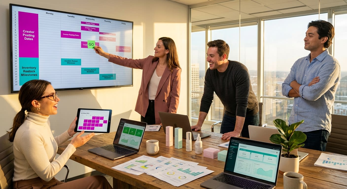 Energized team planning TikTok Shop inventory restocks around creator content calendar in strategy war room
