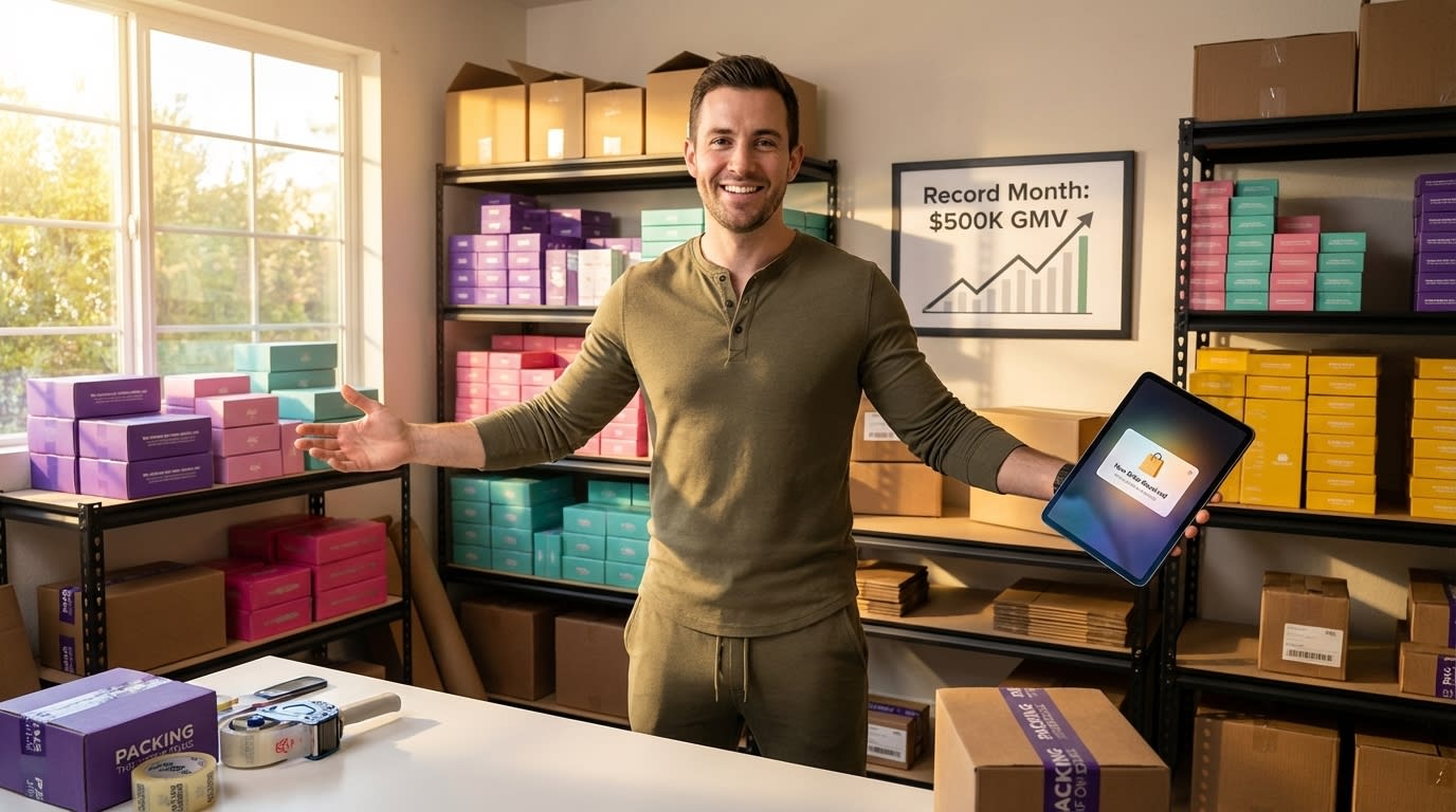 Proud TikTok Shop entrepreneur in organized inventory showroom with record monthly GMV achievement displayed