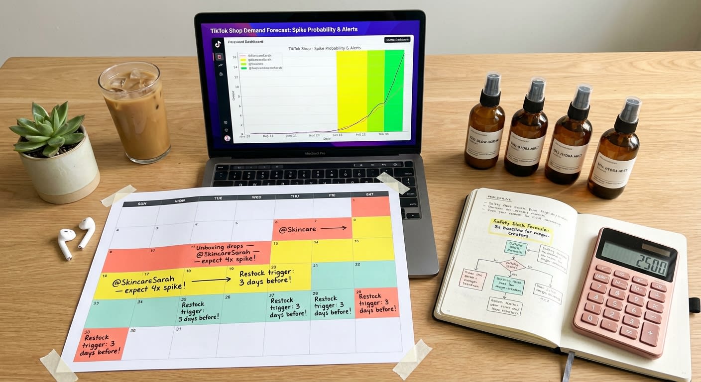 Organized TikTok Shop demand forecasting workspace with creator content calendar and spike probability model on laptop