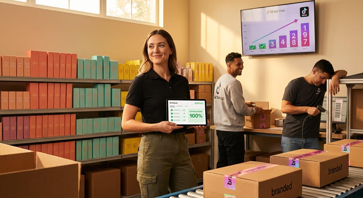 Organized TikTok Shop warehouse with colorful inventory and fulfillment dashboard showing on-time shipping success