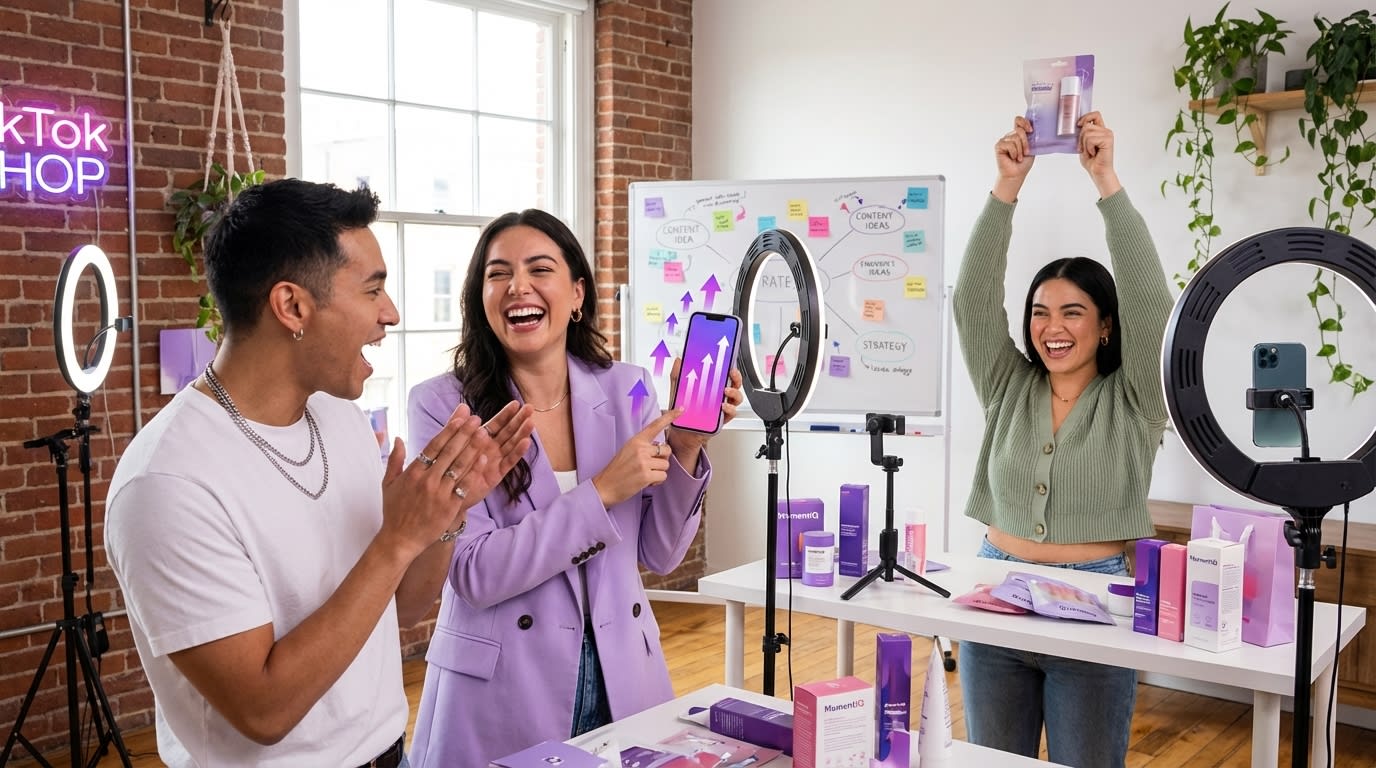 Three TikTok Shop micro-creators collaborating at content house with ring lights and strong affiliate conversion analytics