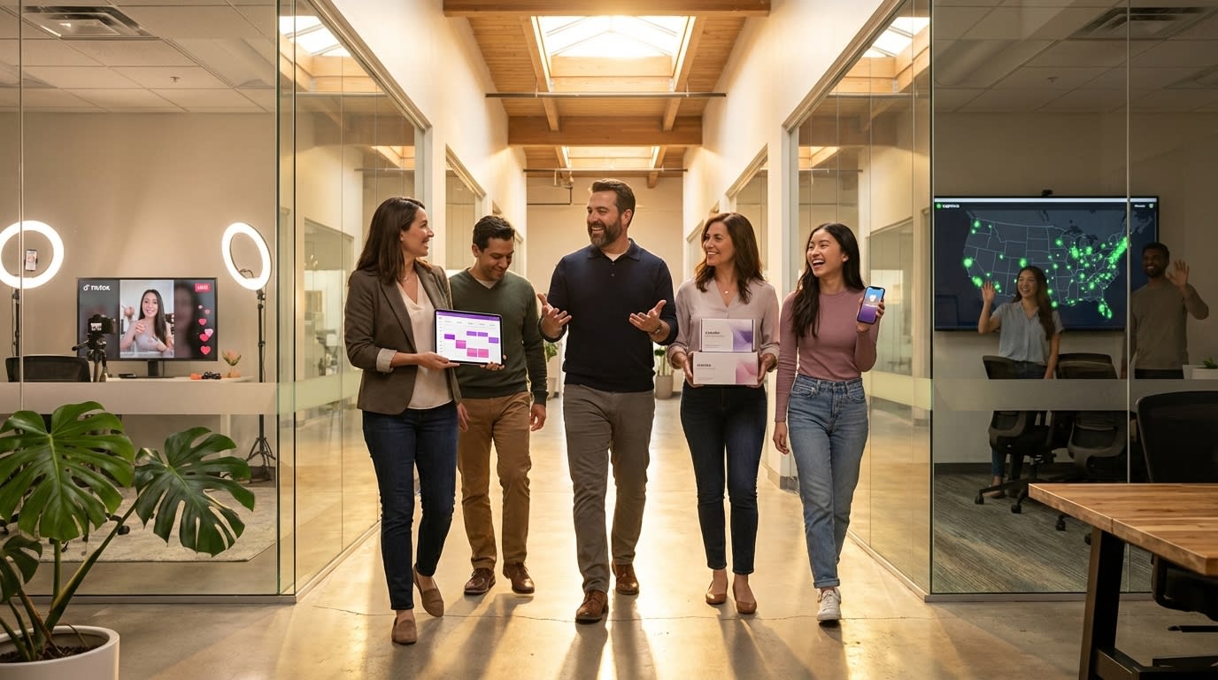 TikTok Shop brand team walking confidently through modern office connecting content creation studio and logistics command center