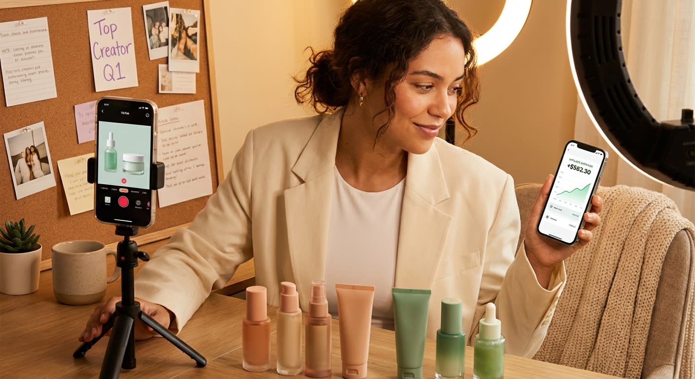 TikTok Shop creator's professional setup with ring light, product spread, and growing affiliate commission earnings on phone