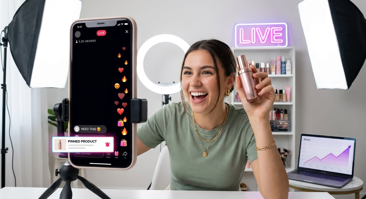 TikTok Shop creator enthusiastically presenting beauty product during live stream with thousands of viewers and heart emojis