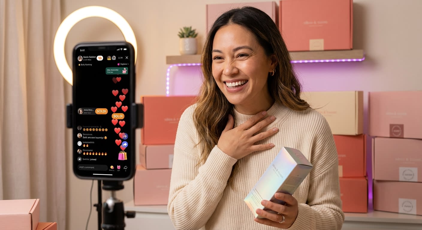 TikTok Shop creator going viral during a live shopping stream with heart emojis and sold-out notifications