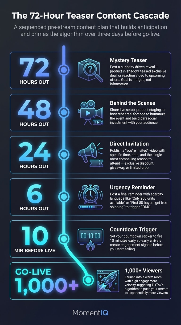 Timeline infographic showing the 72-hour TikTok Shop live stream teaser content cascade with six milestones from mystery teaser to go-live with 1000 plus viewers