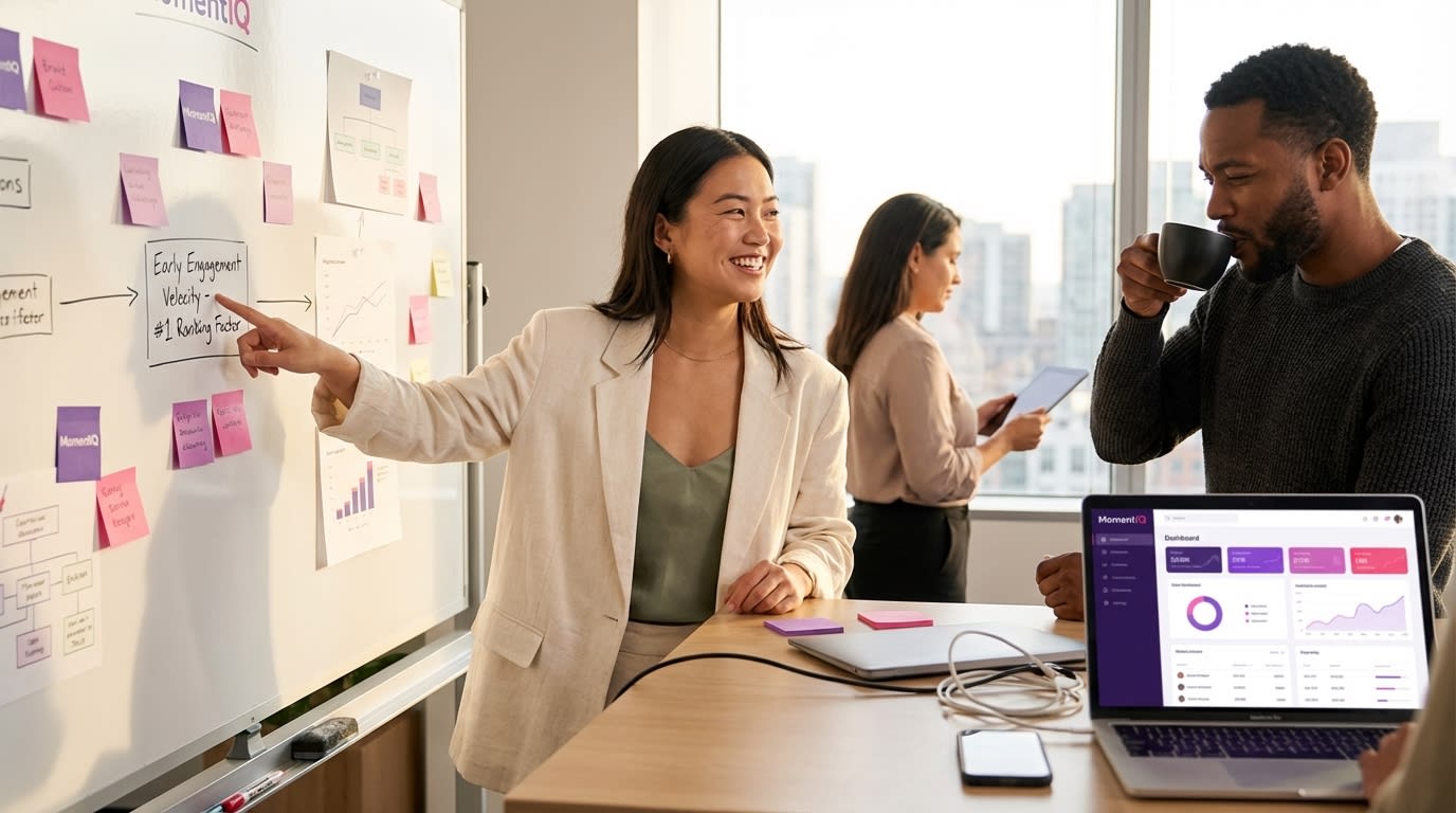 Diverse team confidently strategizing TikTok Shop growth playbook on a whiteboard, focusing on early engagement.