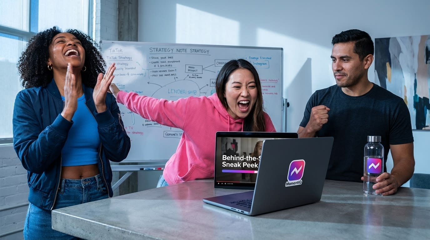Energetic creators watching a 'Behind-the-Scenes Sneak Peek' video for their TikTok Shop live stream.