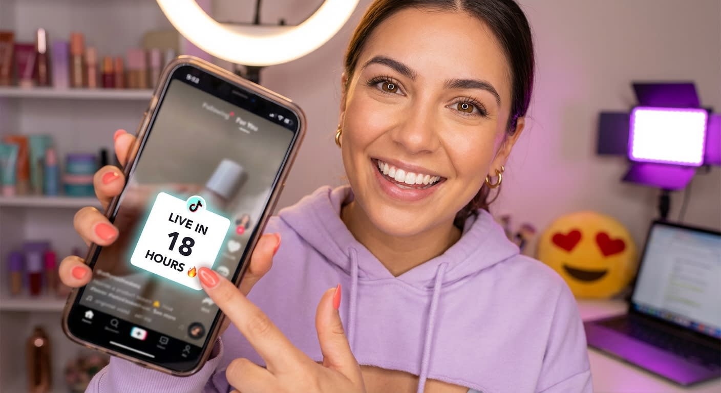 Excited TikTok creator tapping countdown sticker on phone screen to promote upcoming TikTok Shop live stream event