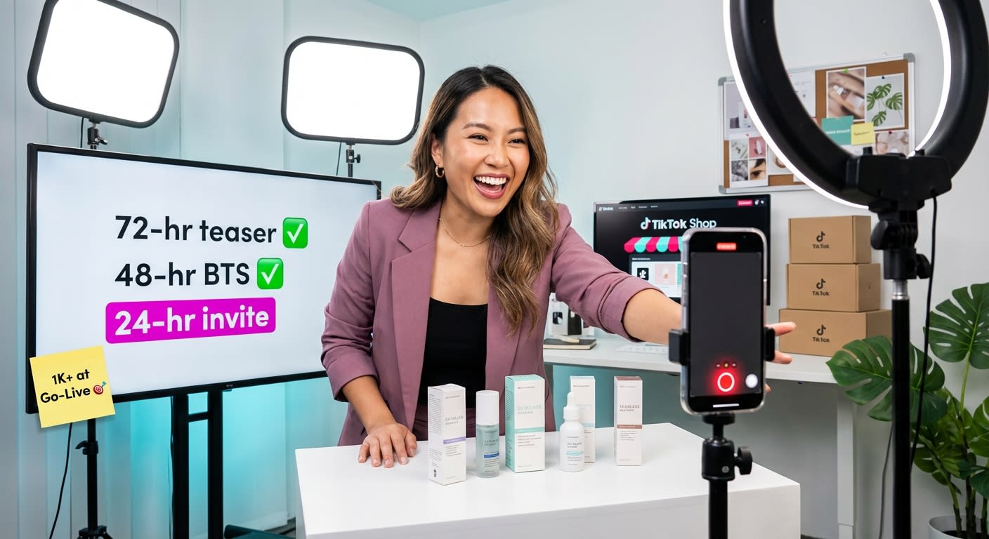 Confident TikTok Shop live host rehearsing product presentation in professional creator studio with content schedule on monitor