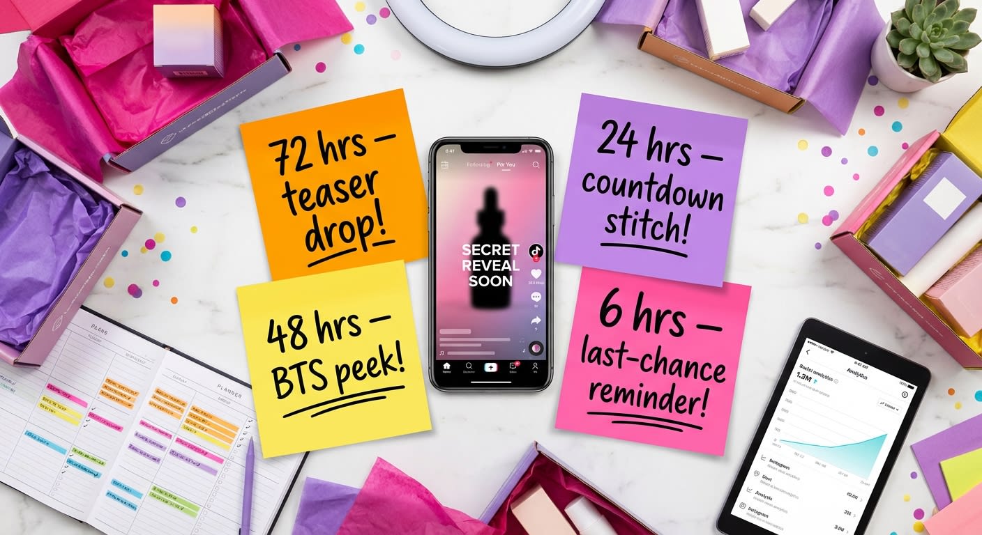 Flat lay of TikTok Shop live stream teaser content planning with phone showing product reveal video and 72-hour content cascade timeline