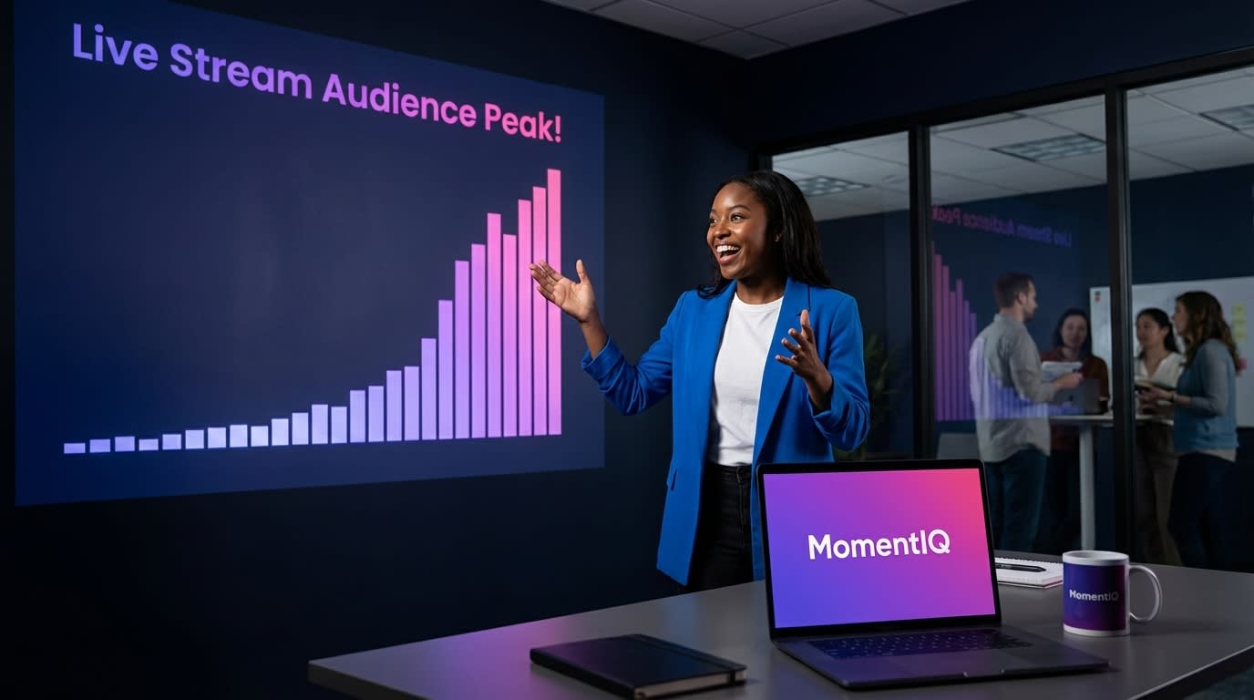 Marketing specialist confidently reviewing a projected bar graph showing increased TikTok video views and engagement over 72 hours.