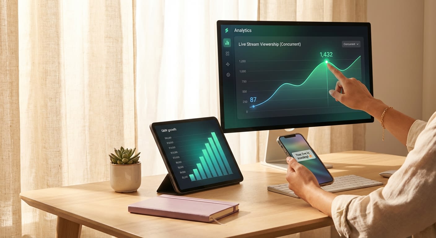 TikTok Shop analytics dashboard showing live stream viewer growth from 87 to 1400 concurrent viewers and GMV increase over four weeks