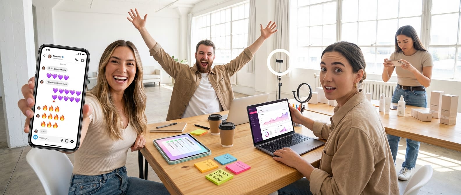 TikTok Shop brand team laughing together while sending pre-stream DM warm-up messages with enthusiastic fan responses on screen