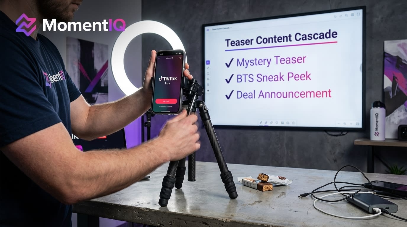 TikTok Shop creator confidently setting up a mini-studio for filming teaser content, with a 'Teaser Content Cascade' whiteboard.