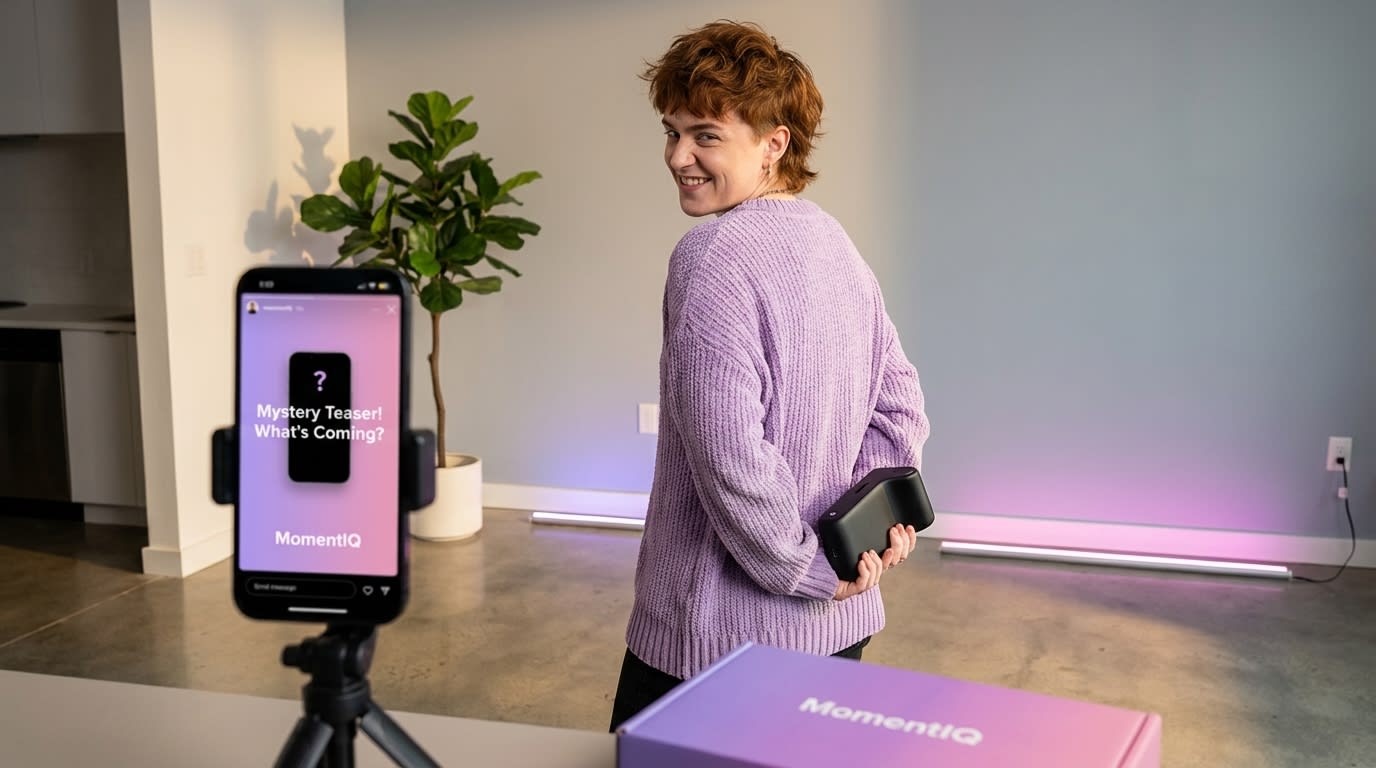 TikTok Shop creator playfully revealing a new product in a 'Mystery Teaser' video, building audience anticipation.