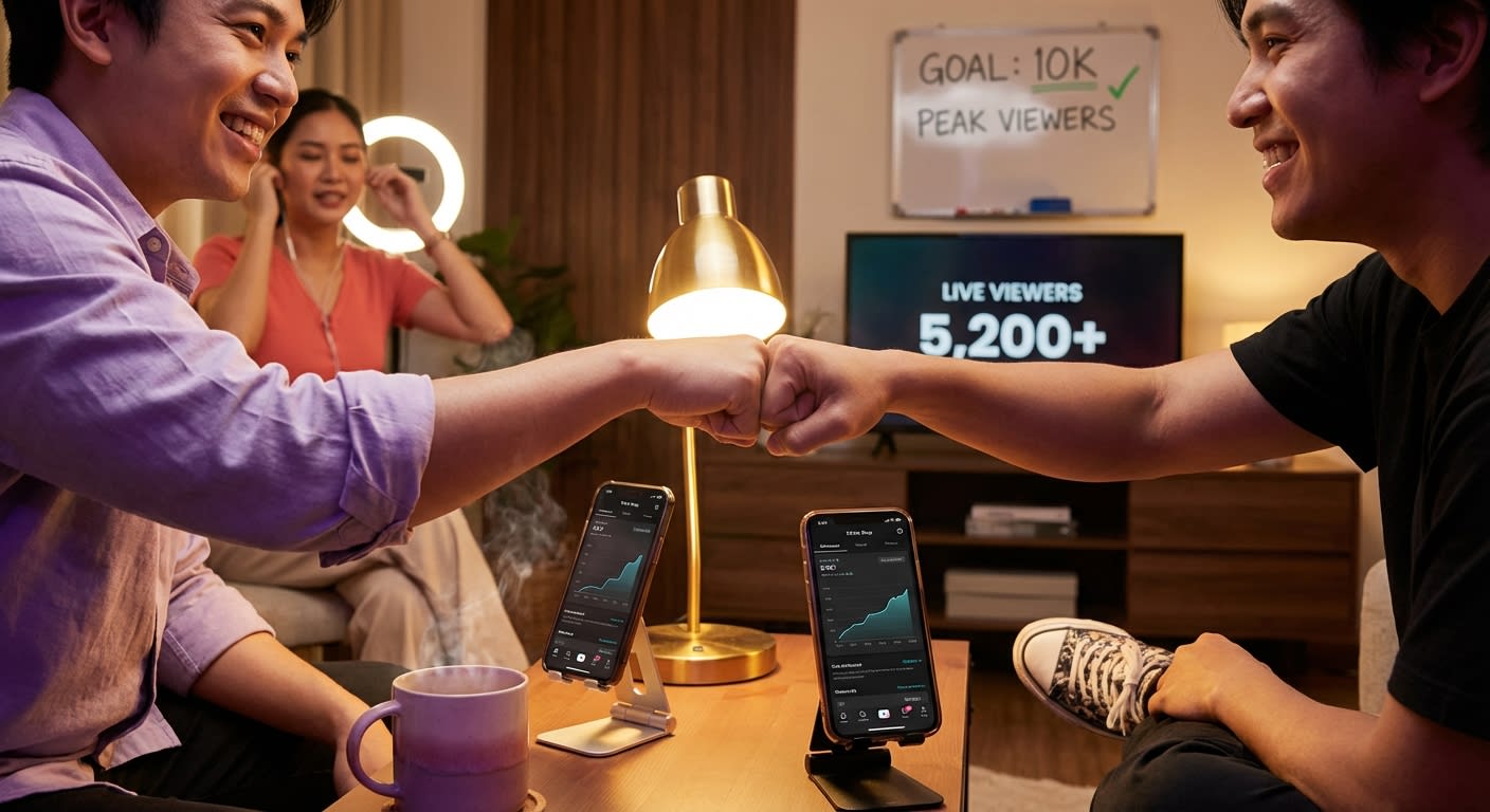 TikTok Shop live stream team celebrating 5000 concurrent viewers on studio monitors with upward trending GMV dashboards