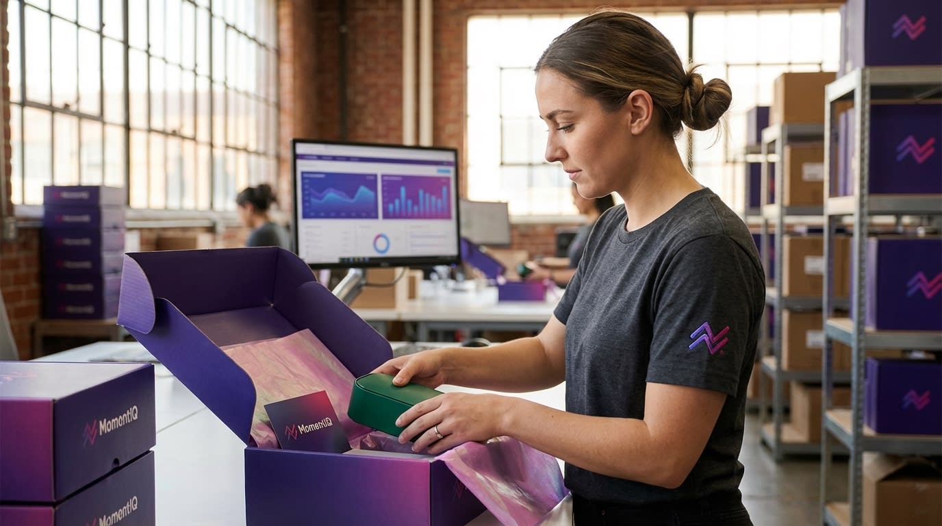 Warehouse worker carefully packaging a 'Product Spotlight' item with an exclusive deal card for TikTok Shop orders.