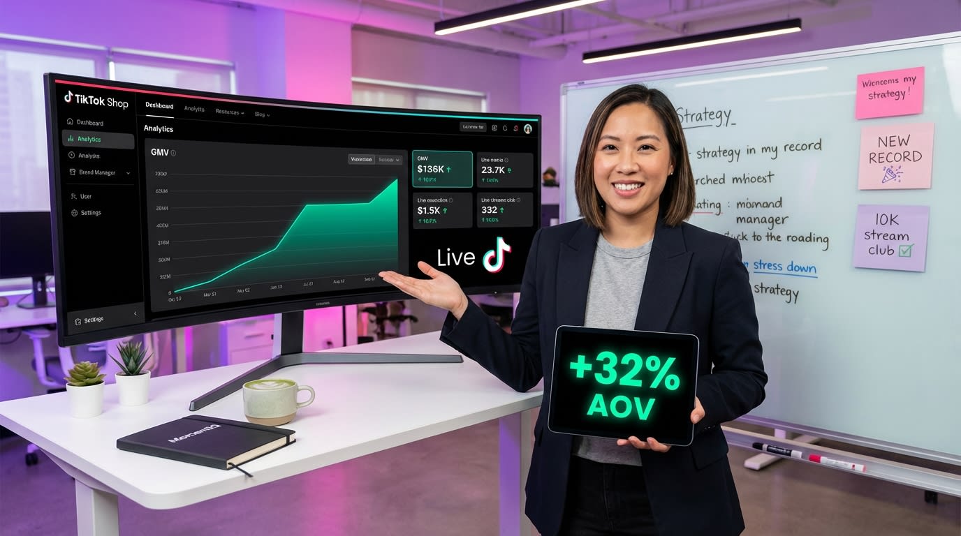 Brand manager reviewing TikTok Shop live stream analytics dashboard showing upward GMV growth and increased average order values