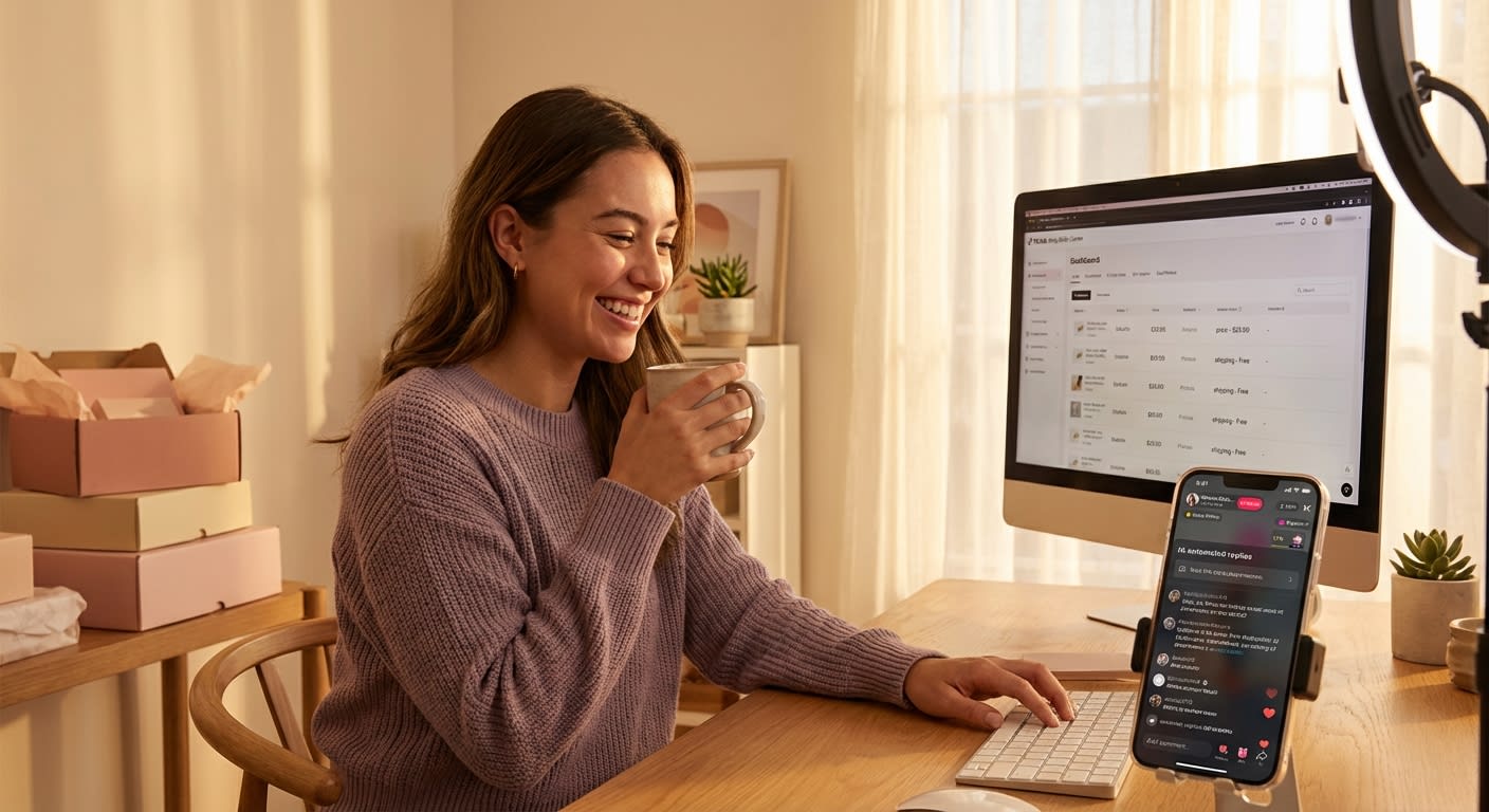 Entrepreneur happily configuring TikTok Shop keyword auto-reply settings at a bright workspace with products and live stream preview on phone
