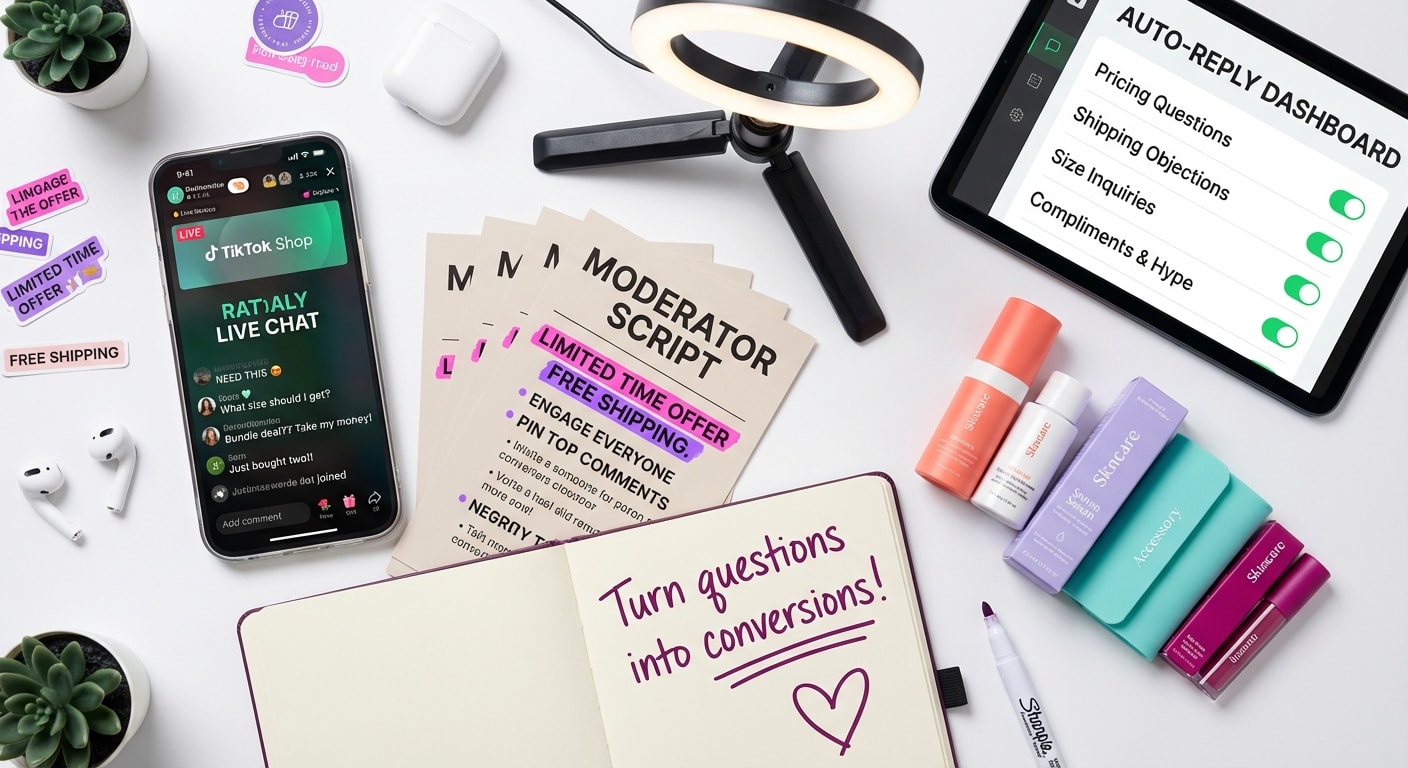 Flat lay of TikTok Shop live selling essentials including phone with live chat, moderator scripts, branded products, and keyword auto-reply setup