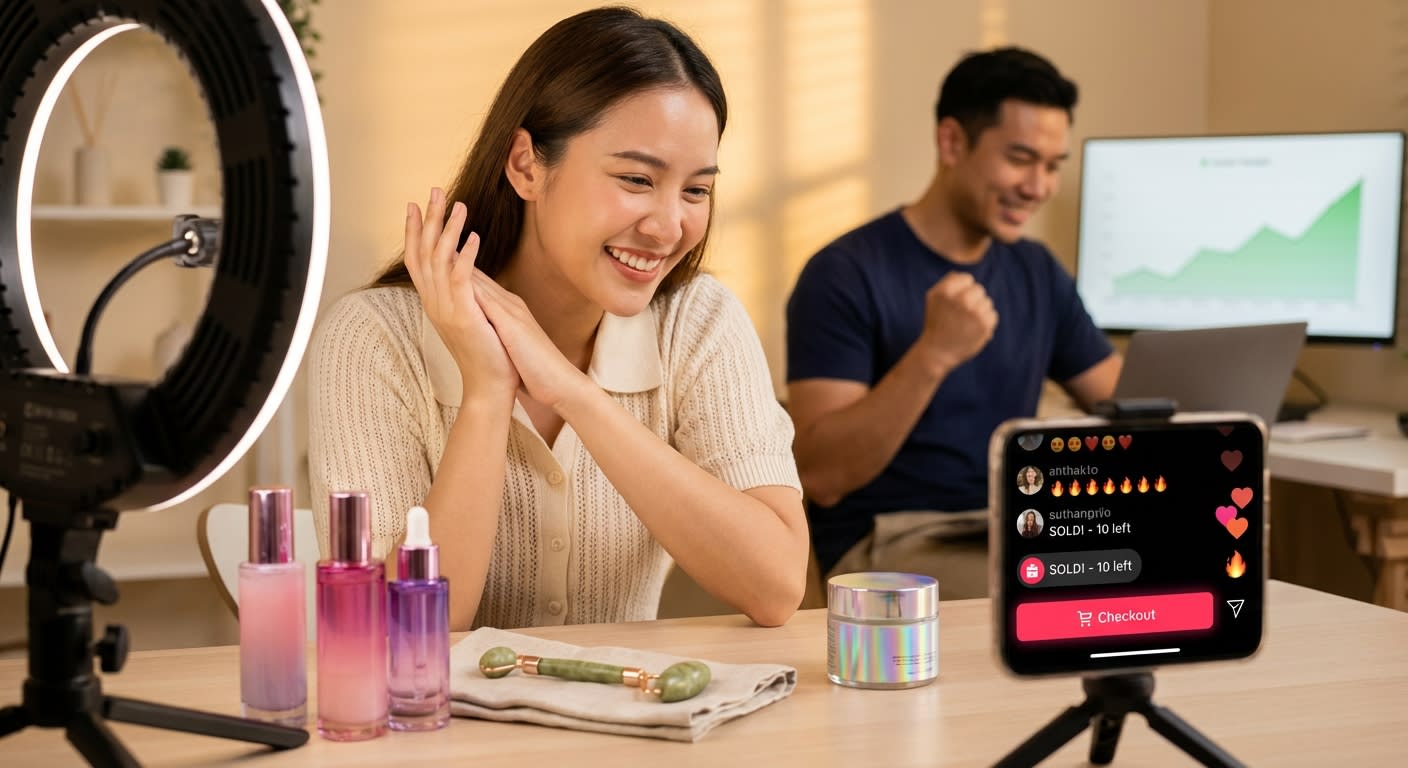 TikTok Shop live stream host celebrating sales as heart emojis flood the live chat during an energetic product presentation