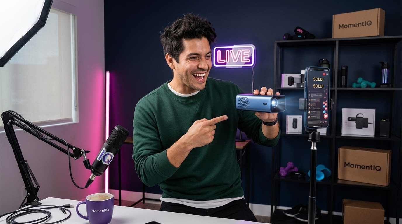 Confident TikTok Shop creator laughing during live stream as chat fills with purchase comments and heart emojis