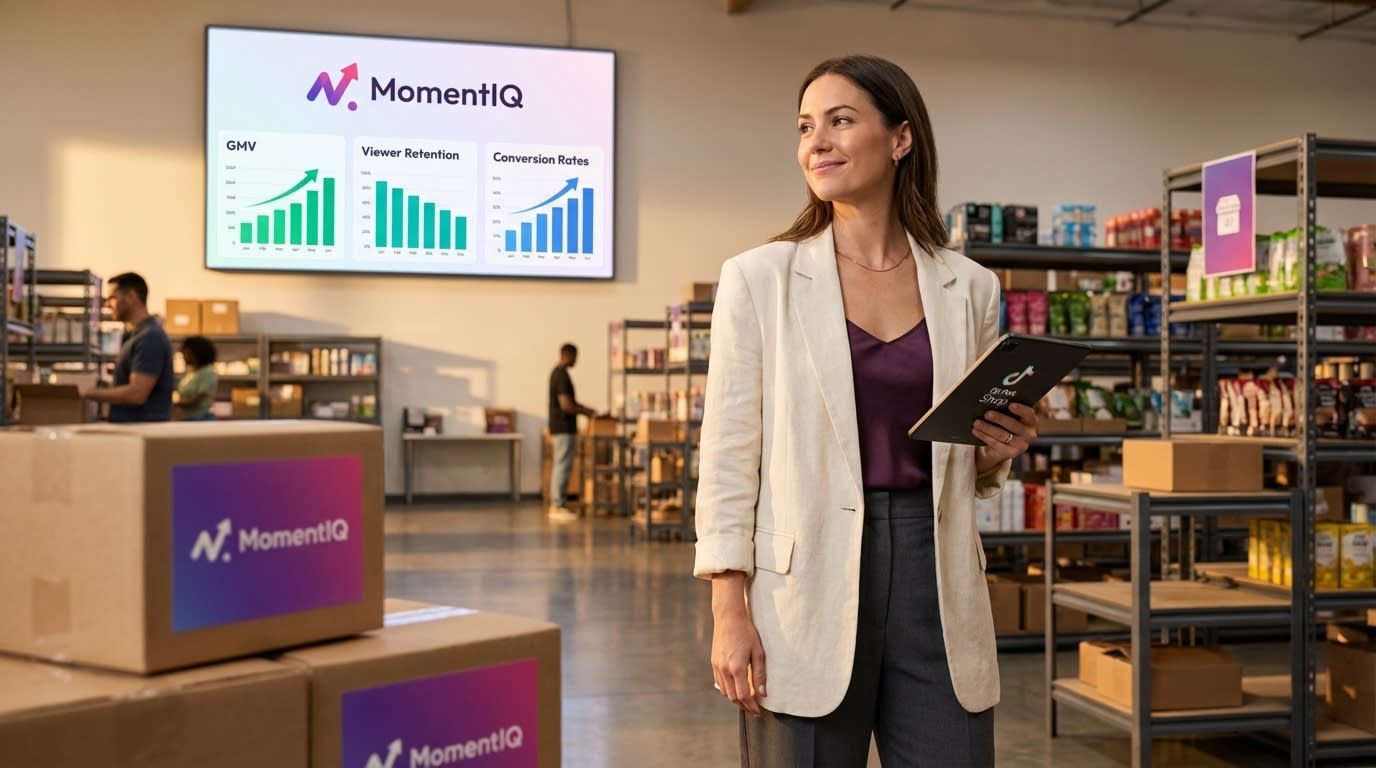 Aspirational view of an entrepreneur overseeing a thriving TikTok Shop fulfillment center, powered by MomentIQ analytics.