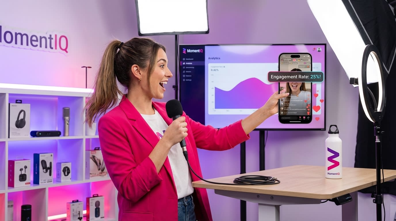Energetic TikTok Shop live host engaging with a highly interactive chat and high engagement rate.
