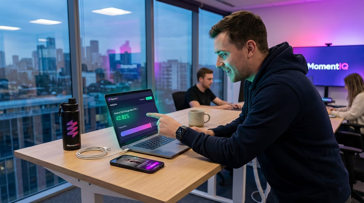 Flat lay of a TikTok Shop analytics dashboard showing high Product Click-Through Rate (CTR) and a compelling product video.