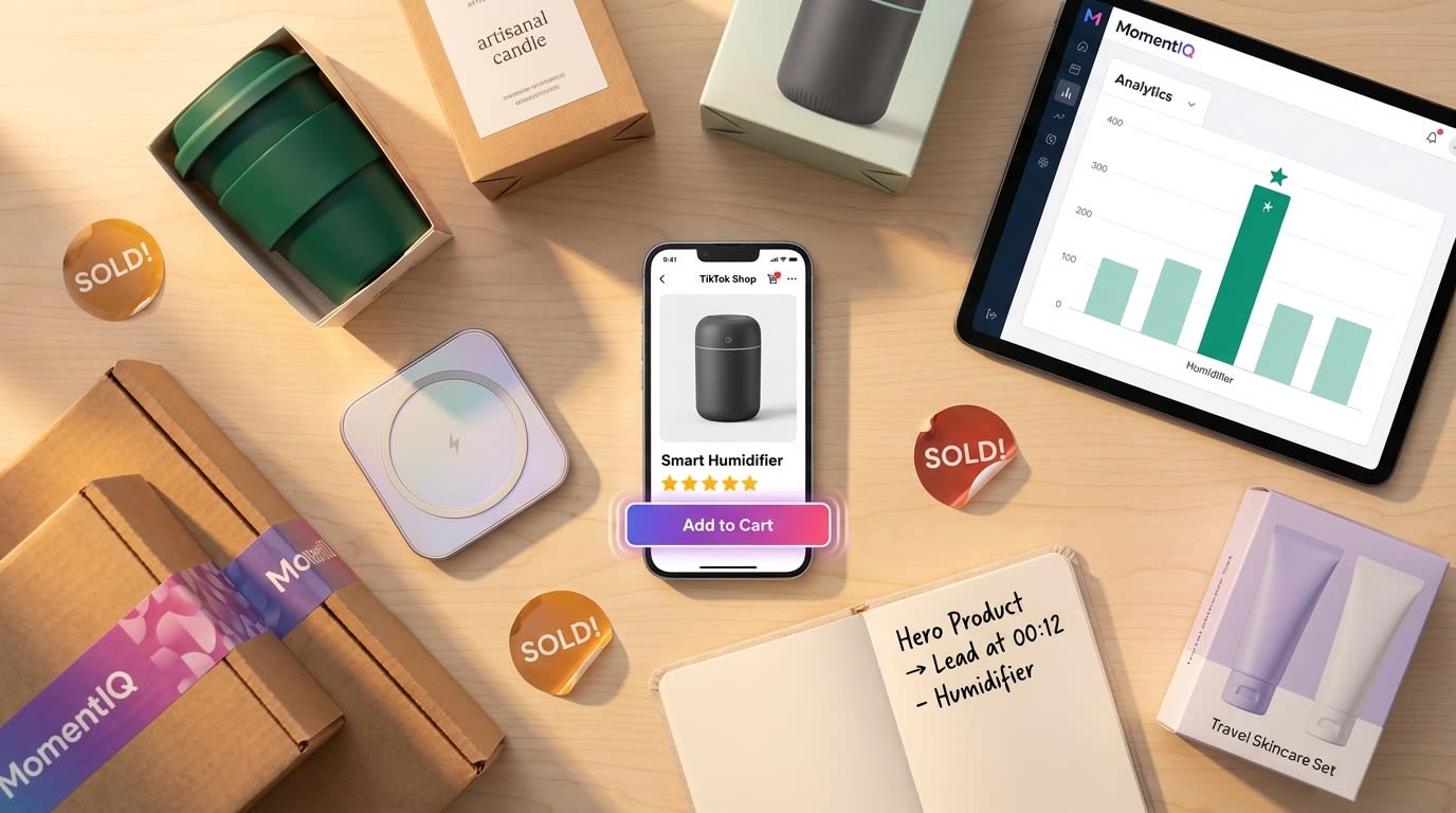 Flat lay of TikTok Shop live stream products with add-to-cart analytics on phone and branded packaging ready to ship