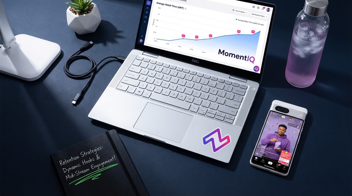 Flat lay showing TikTok Shop AWT analytics, a live stream snippet, and a notebook with retention strategies.