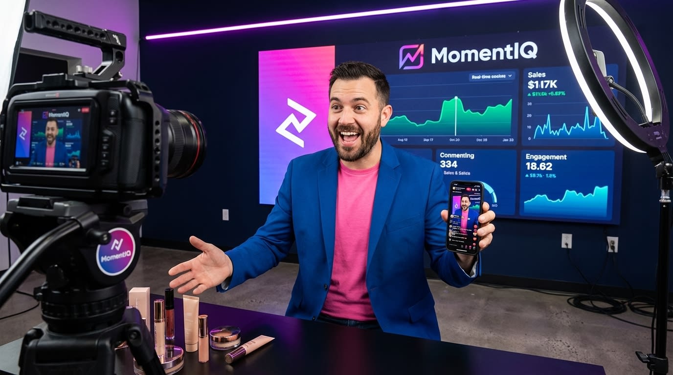 Professional TikTok Shop live streaming studio setup with host presenting products and heart emoji engagement on screen