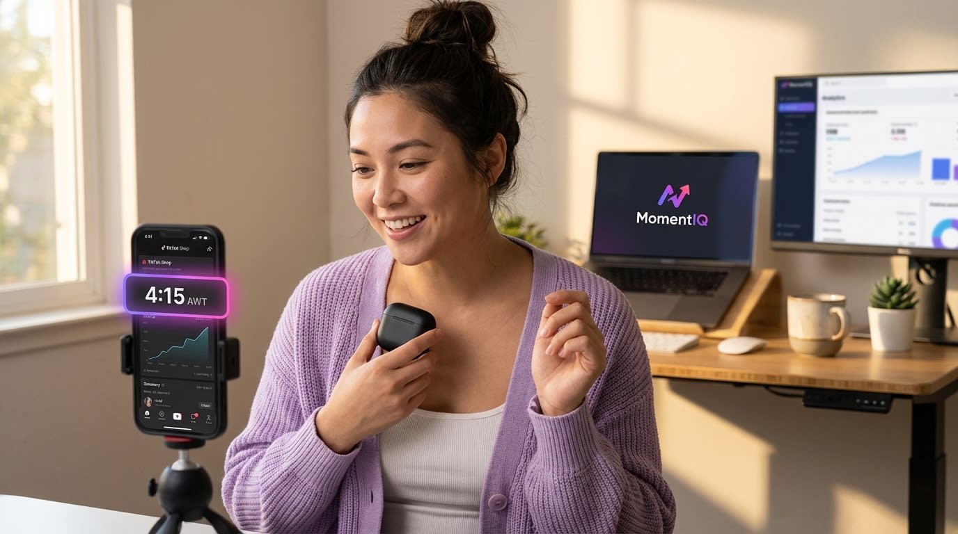 TikTok Shop creator confidently engaging viewers, achieving high Average Watch Time (AWT) on a live stream.