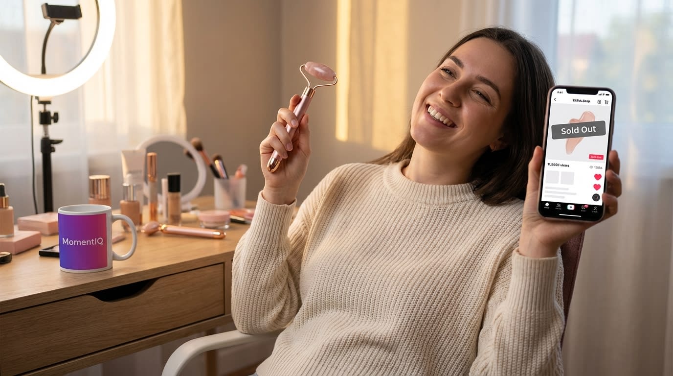 TikTok Shop creator proudly showcasing a product with high view counts and positive reviews.