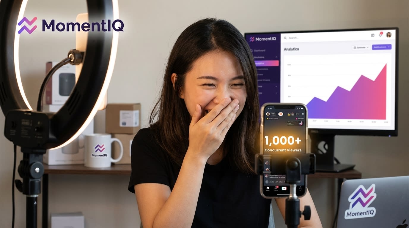 TikTok Shop live seller excitedly watching peak concurrent viewers climb on her live stream analytics