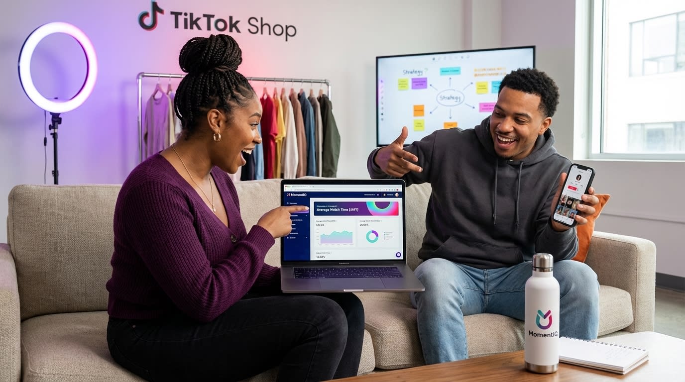 Two TikTok Shop creators reviewing average watch time analytics together in a behind-the-scenes studio moment