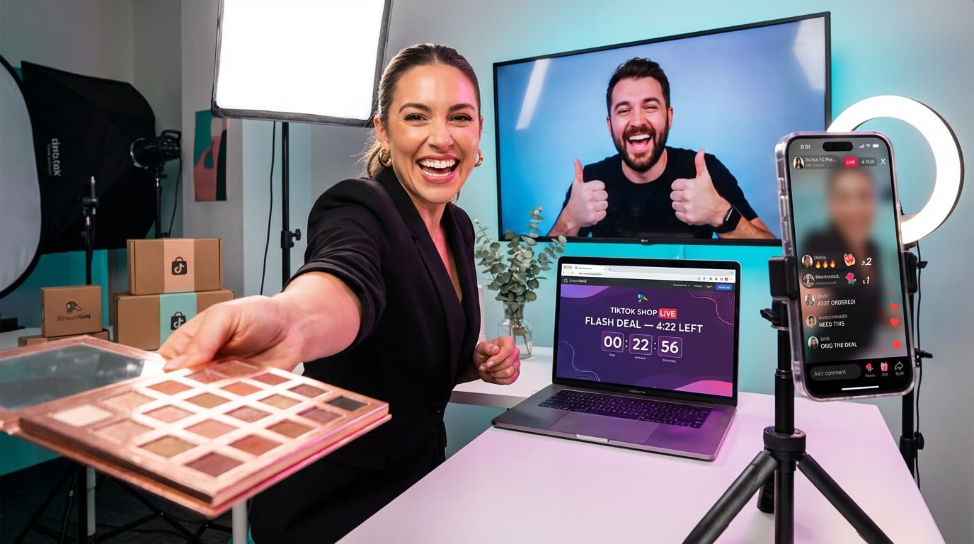 Energetic multi-host TikTok Shop live stream using StreamYard with branded overlays and excited chat engagement