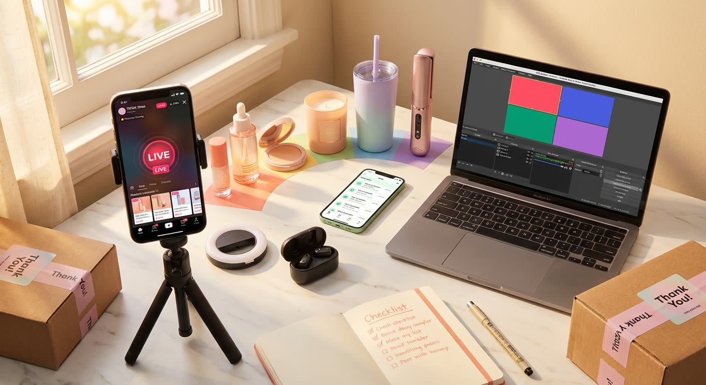Flat lay of TikTok Shop live streaming tools including phone with live interface, OBS Studio laptop, products, and branded packaging