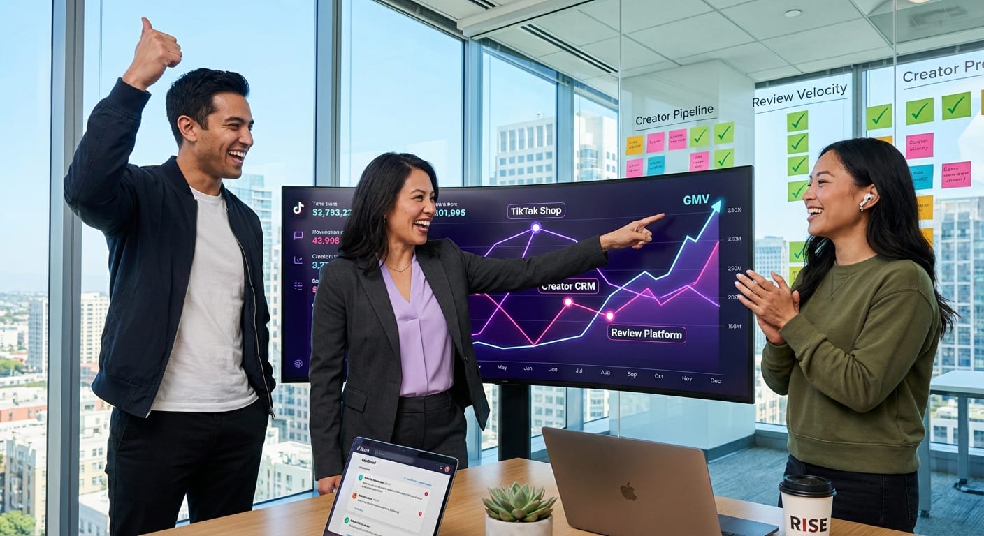 TikTok Shop brand team confidently reviewing live commerce analytics and conversion rate improvements in a strategy war room