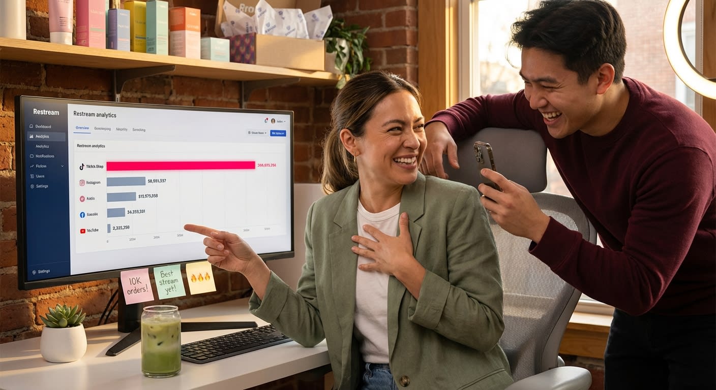 TikTok Shop sellers excitedly discovering cross-platform analytics showing TikTok outperforming other live commerce channels on Restream dashboard